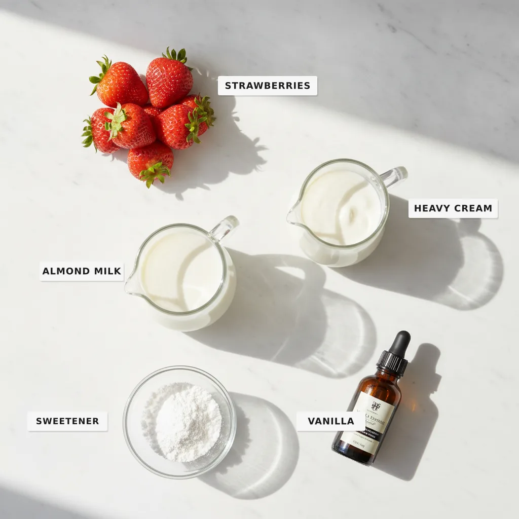 All the ingredients for a sugar-free strawberry smoothie laid out and labelled on a marble surface — strawberries, almond milk, heavy cream, sweetener and vanilla