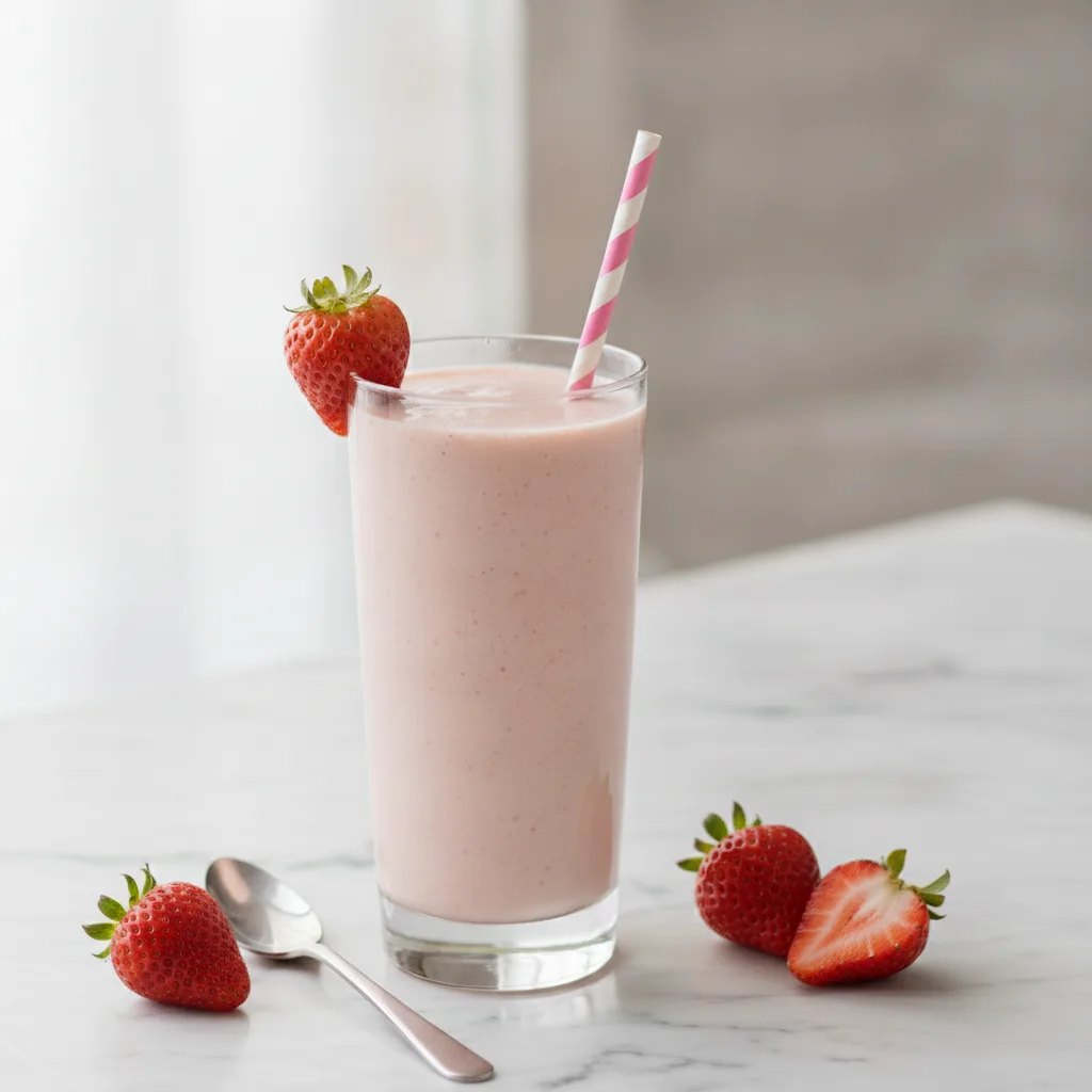 A pale pink strawberry smoothie in a tall glass beside a spoon and fresh strawberries on a marble surface