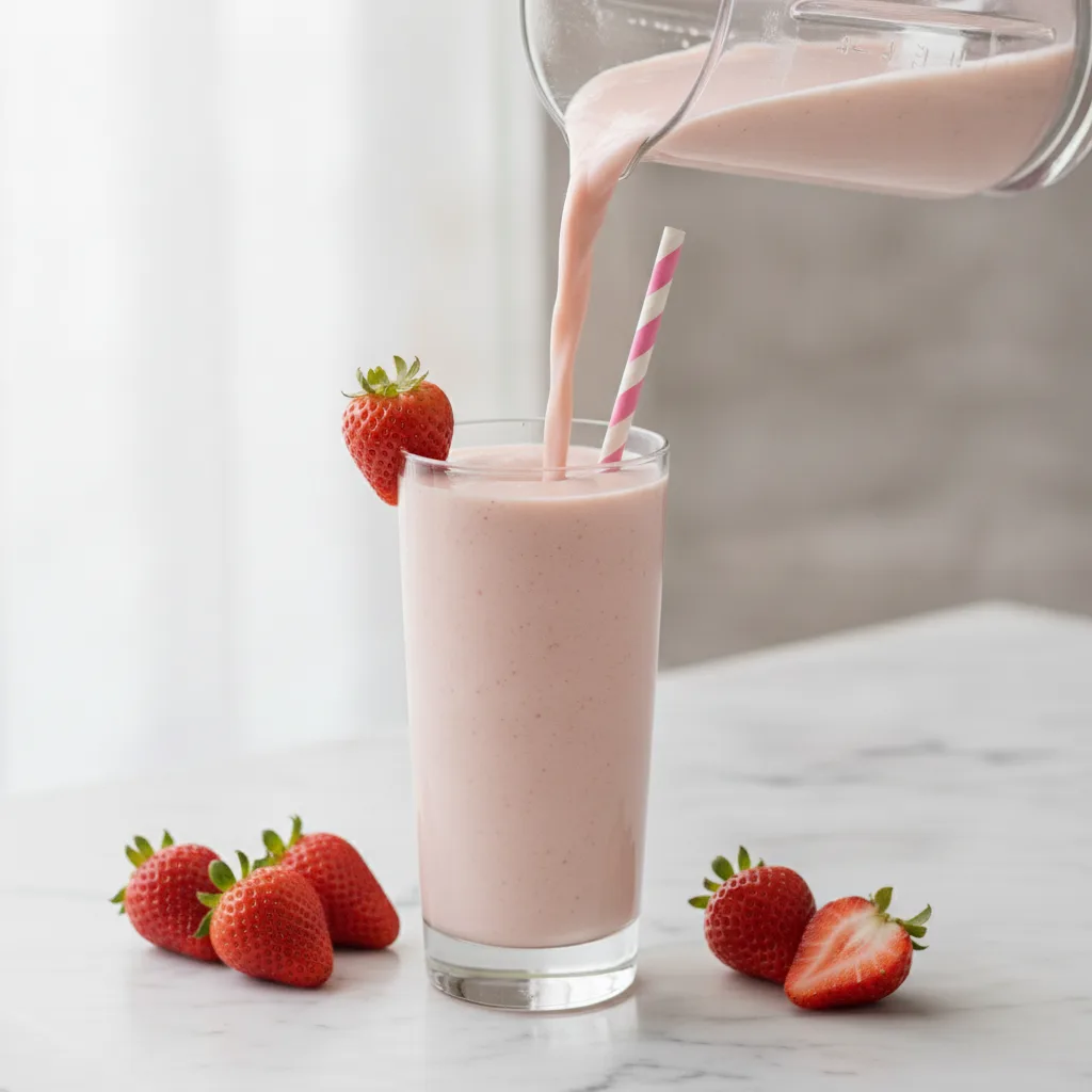 Pale pink strawberries and cream smoothie being poured from a blender jug into a tall glass on a marble surface