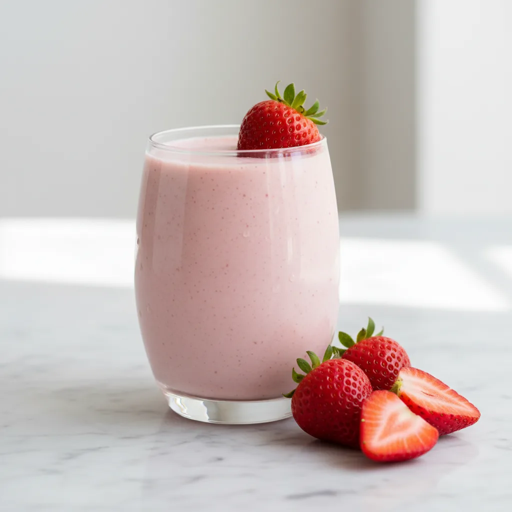 A tall glass of creamy pink strawberry smoothie made without yogurt