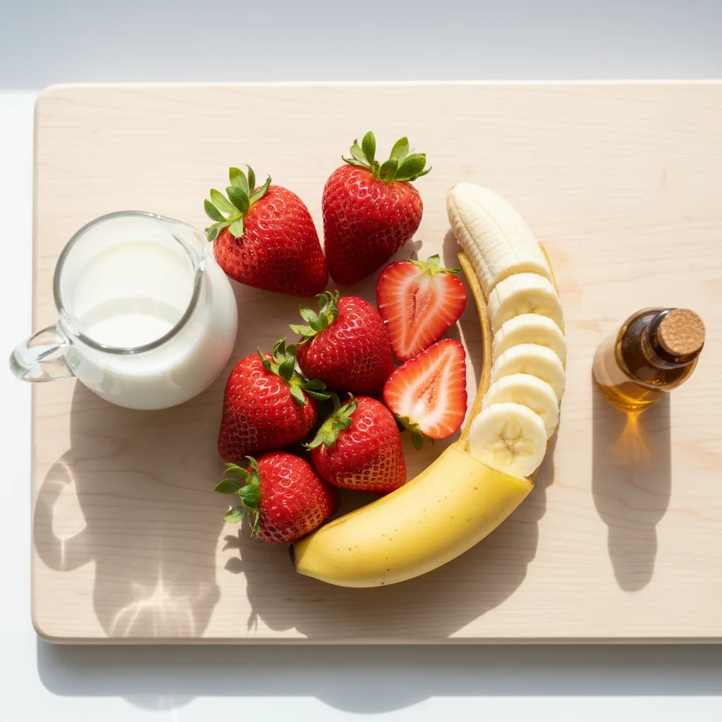 Strawberry smoothie ingredients — frozen strawberries, a frozen banana, milk and vanilla, no yogurt