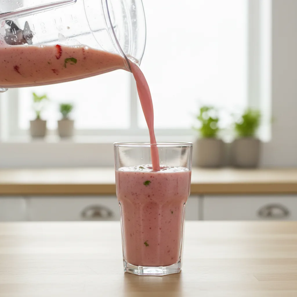 Creamy pink strawberry smoothie being poured from a blender into a glass