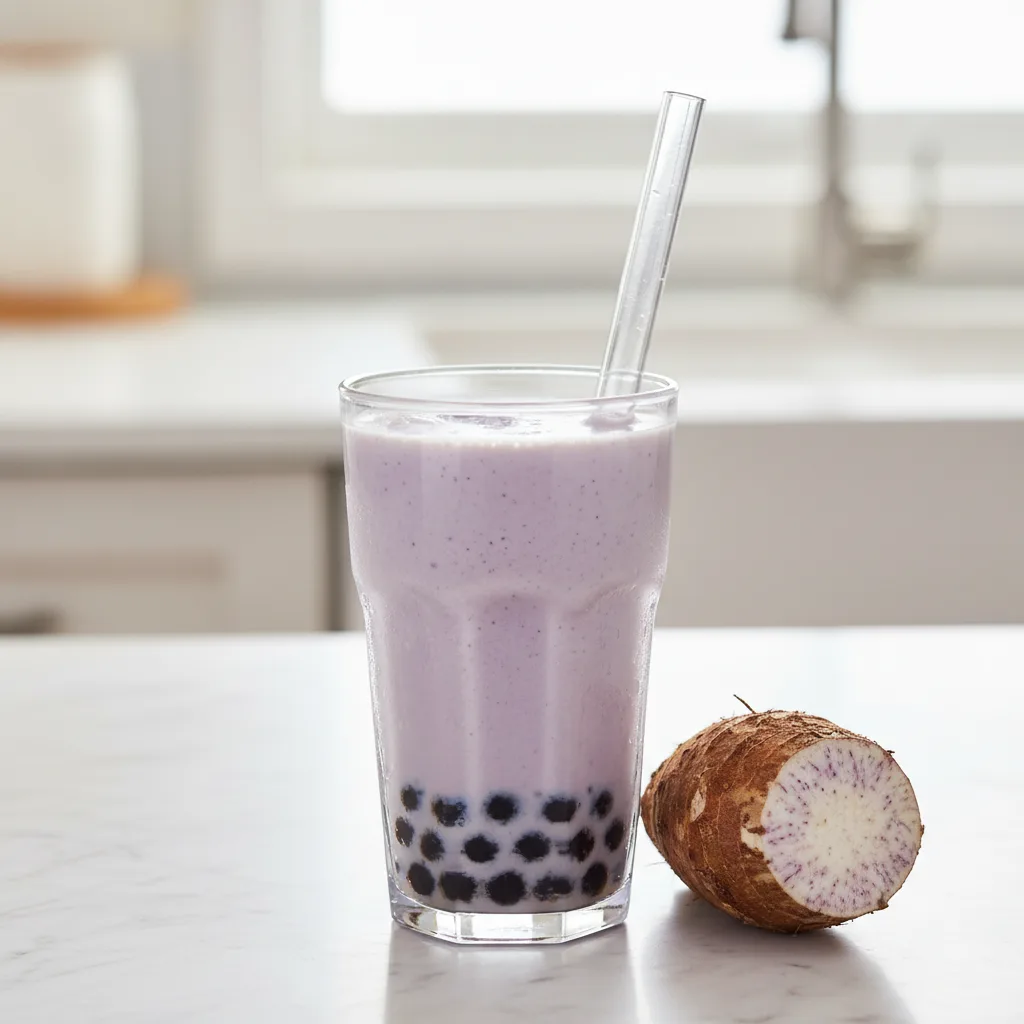 A tall glass of creamy lavender taro smoothie with tapioca pearls and a wide straw