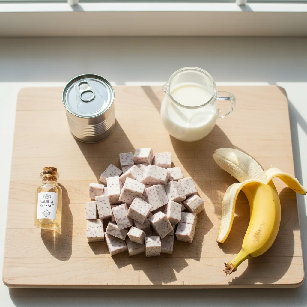 Taro smoothie ingredients — cooked taro root, banana, milk, sweetened condensed milk and vanilla