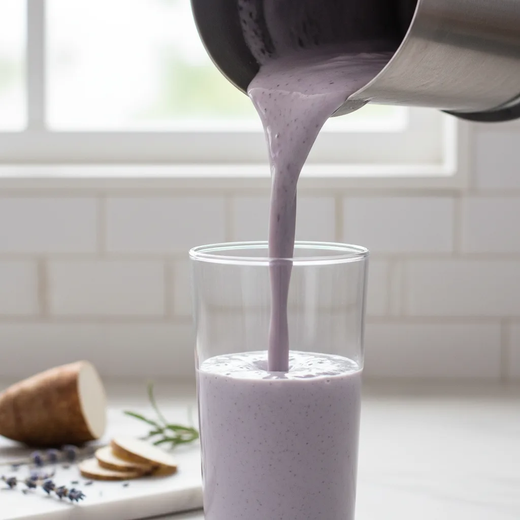 Creamy lavender taro smoothie being poured from a blender into a glass