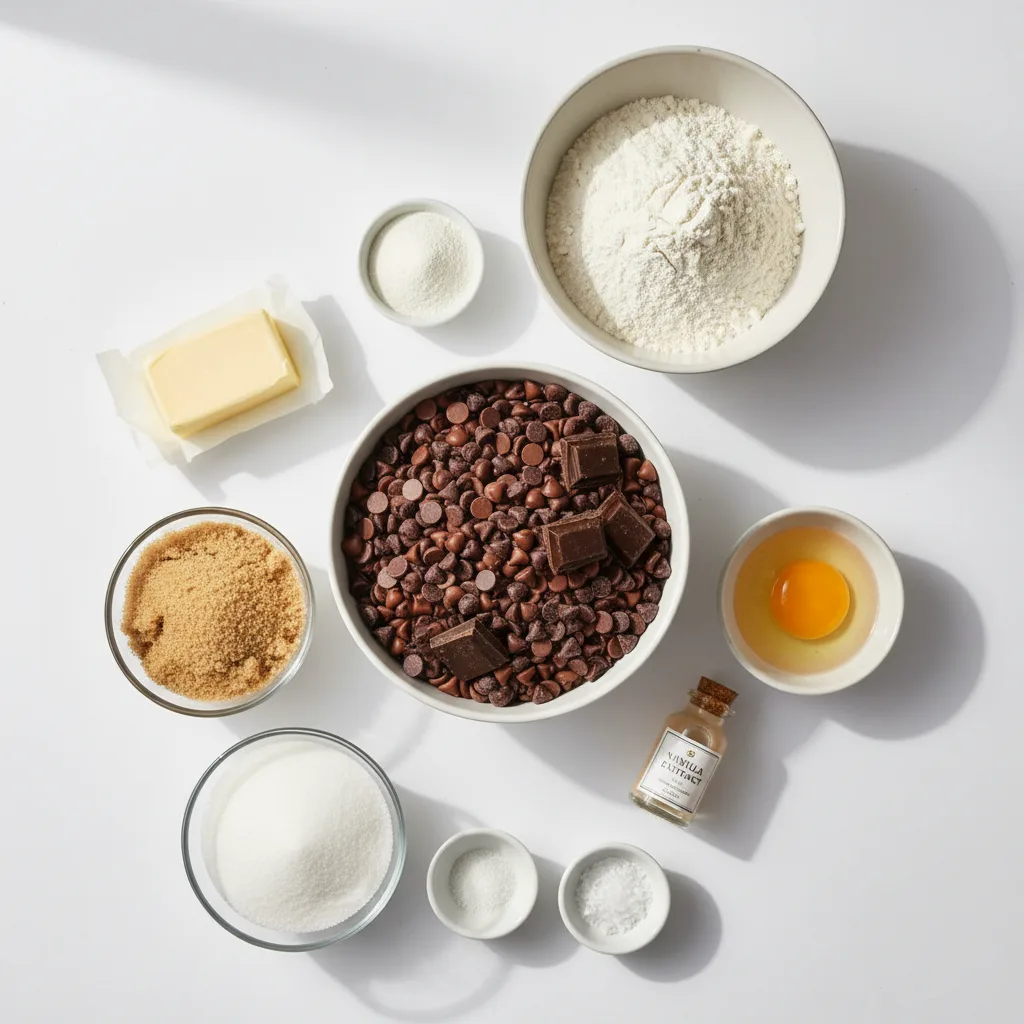 All the ingredients for thick chocolate chip cookies — butter, brown and white sugar, egg, vanilla, flour, cornflour, raising agents, salt and a big bowl of chocolate chips and chunks