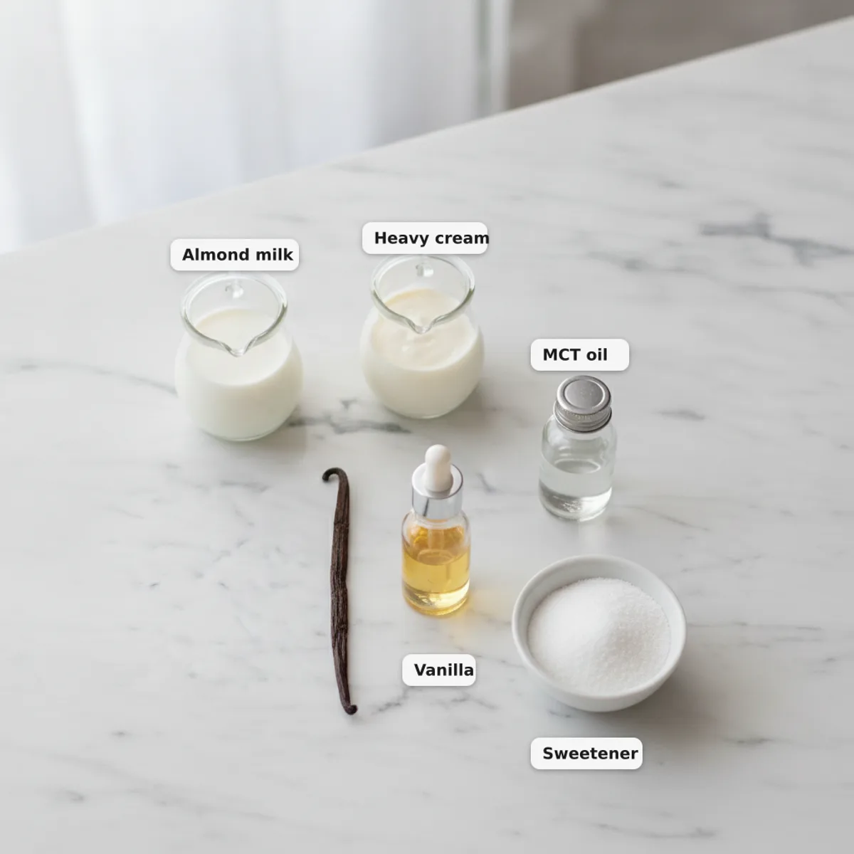 All the ingredients for a keto vanilla bean smoothie laid out and labelled on a marble surface — almond milk, heavy cream, vanilla, sweetener and MCT oil