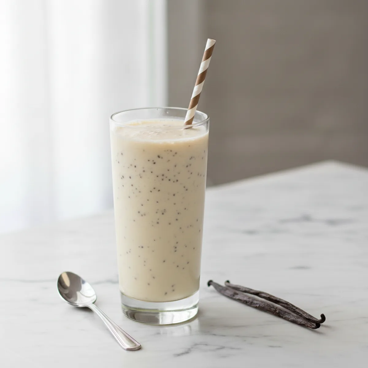 A creamy pale vanilla bean smoothie in a tall glass beside a spoon and a vanilla pod on a marble surface