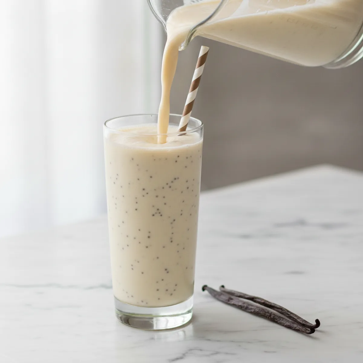 Creamy pale vanilla milkshake smoothie being poured from a blender jug into a tall glass on a marble surface