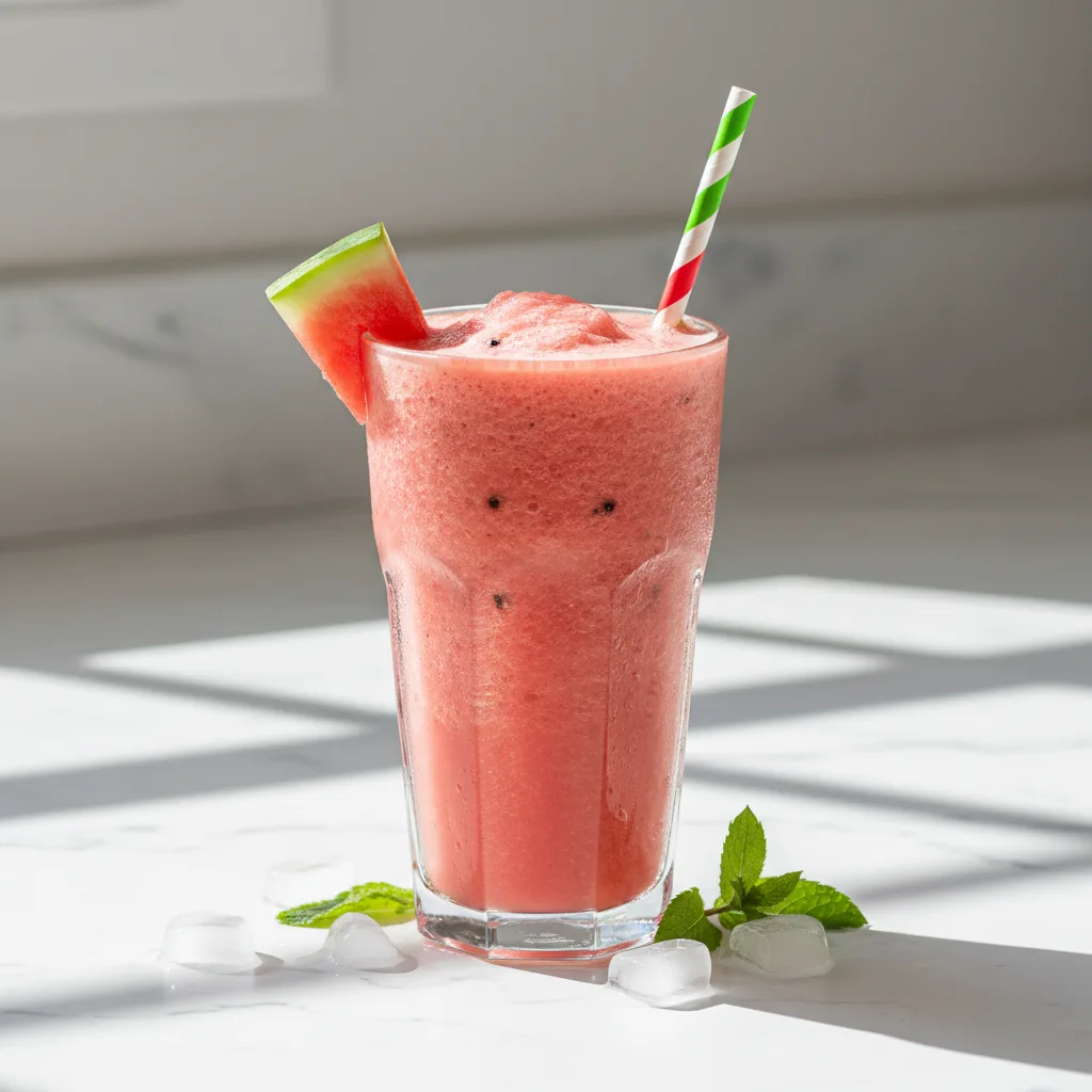 A tall glass of frosty bright pink watermelon smoothie with a watermelon wedge
