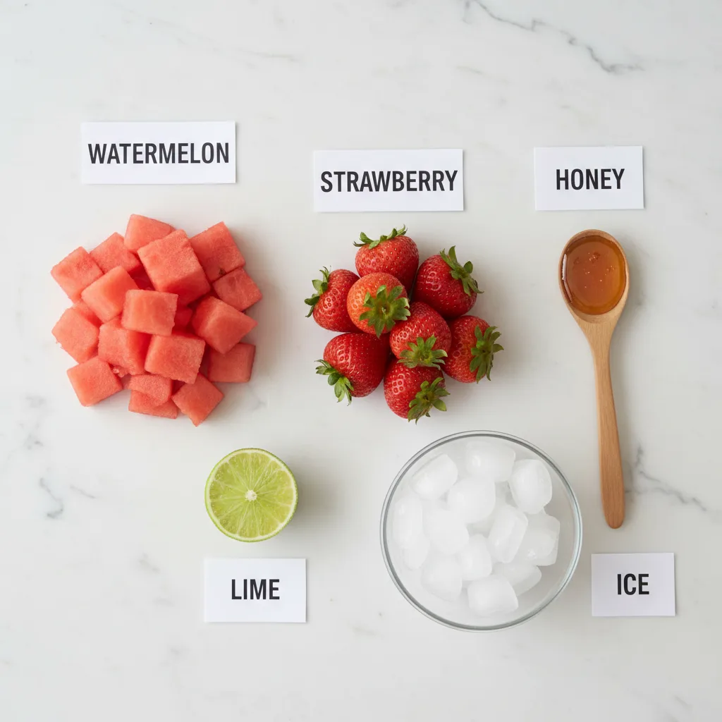 Watermelon smoothie ingredients laid out and labelled — watermelon, strawberry, lime, honey and ice, no yogurt