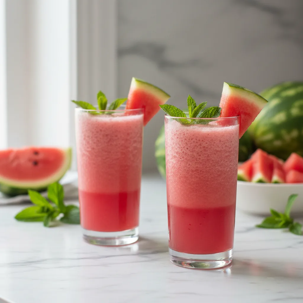 Two glasses of bright pink watermelon smoothie with watermelon wedges and mint