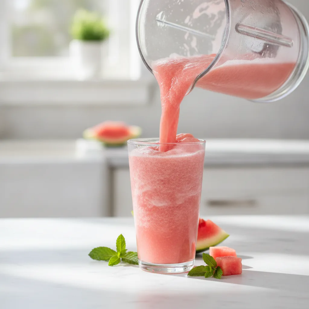 Frosty pink watermelon smoothie being poured from a blender into a tall glass